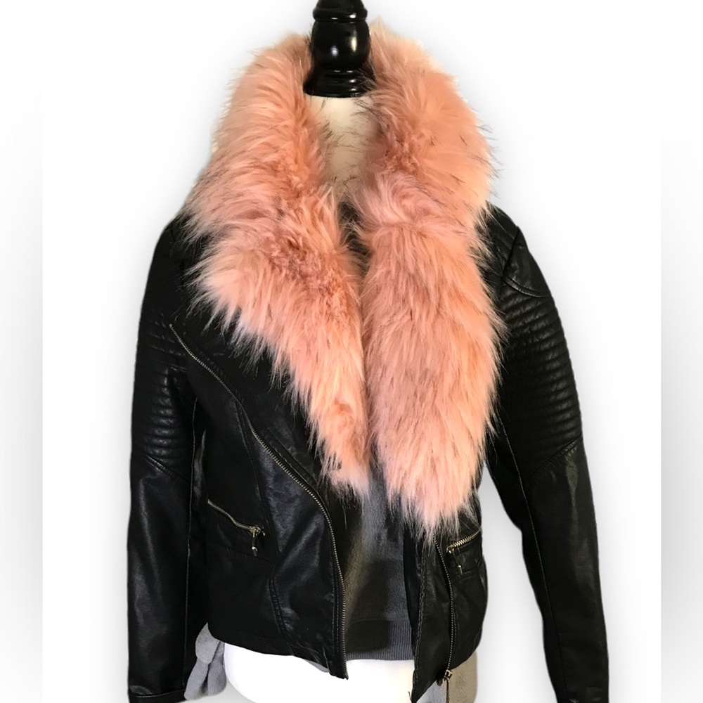 BEBE faux moto black jacket with detachable pink faux fur